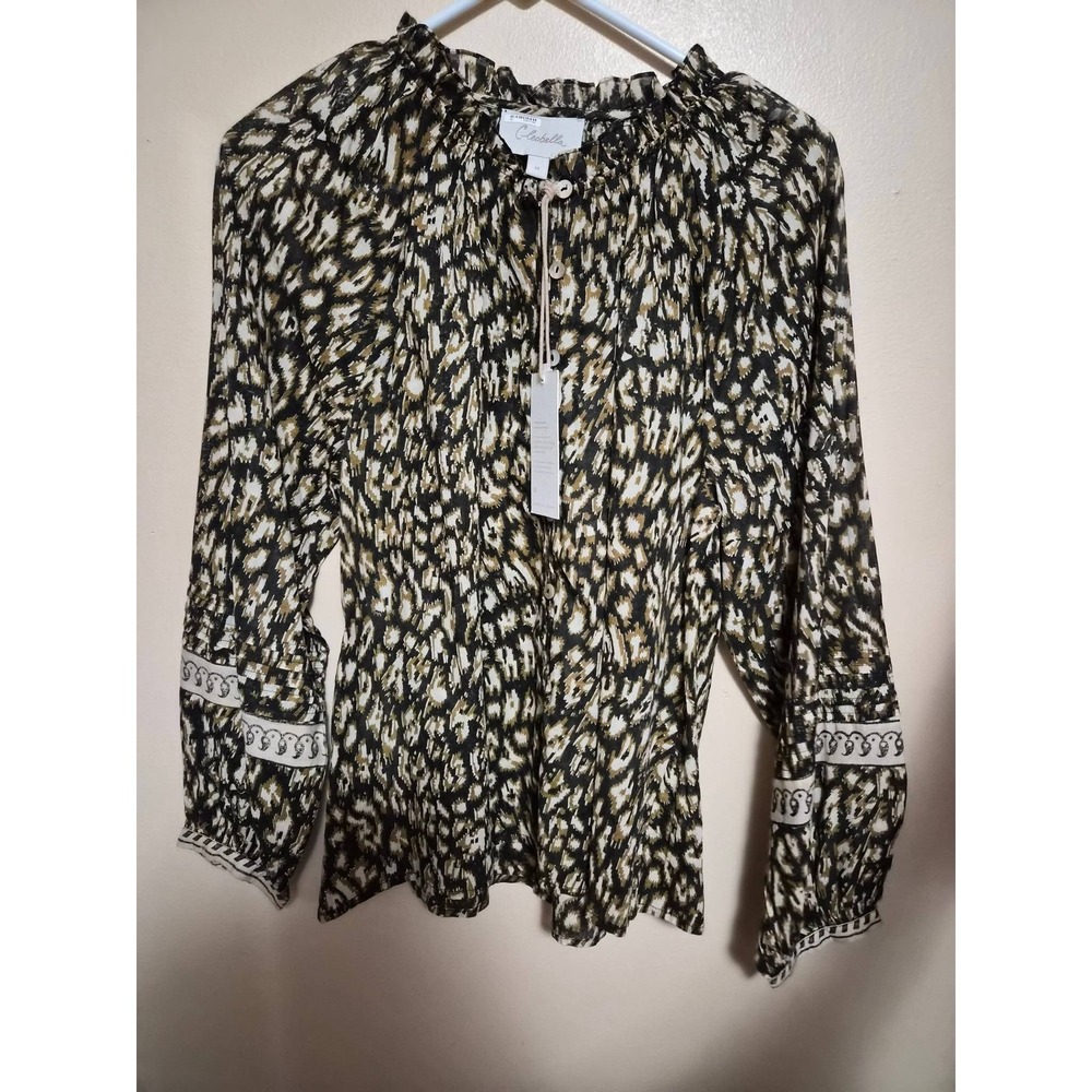 Cleobella Organic Cotton Hand Block Print Blouse Brown Animal Ruffle Neck Top M